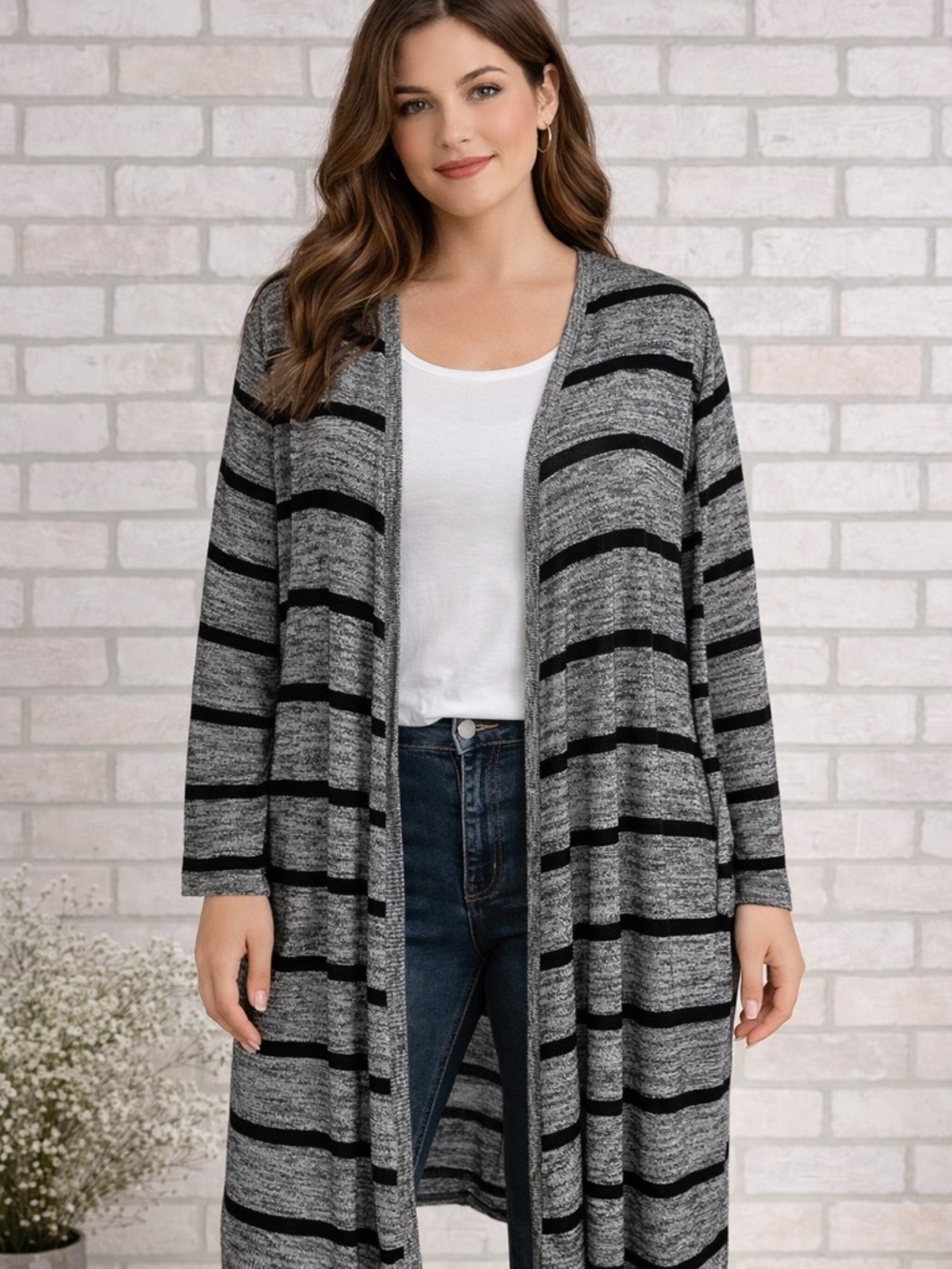 New York & Company Gray & Black Striped Long Open-Front Duster Cardigan Size XL